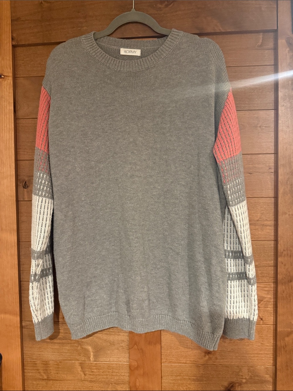 Womens Heather Gray Crewneck Sweater with Coral and White Sleeve Accents